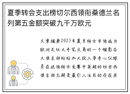 夏季转会支出榜切尔西领衔桑德兰名列第五金额突破九千万欧元