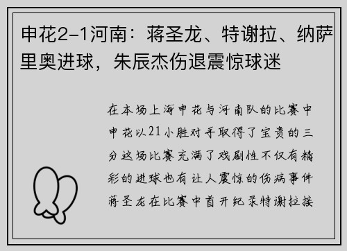 申花2-1河南：蒋圣龙、特谢拉、纳萨里奥进球，朱辰杰伤退震惊球迷