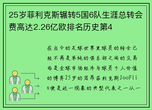25岁菲利克斯辗转5国6队生涯总转会费高达2.26亿欧排名历史第4
