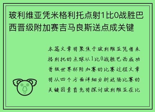 玻利维亚凭米格利托点射1比0战胜巴西晋级附加赛吉马良斯送点成关键