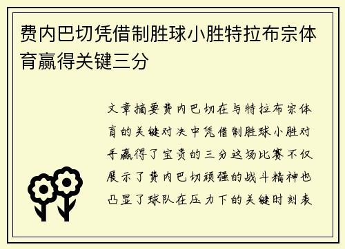 费内巴切凭借制胜球小胜特拉布宗体育赢得关键三分